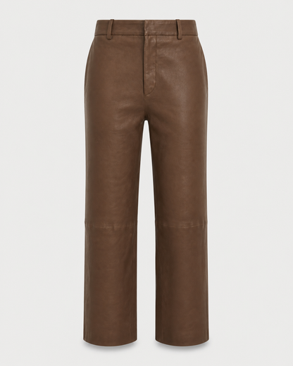 SPRWMN Cropped Trousers in Truffle, crafted from eco-friendly French lambskin leather in a rich brown hue, feature belt loops, a front fly closure, and subtle knee seam detailing. Shown against a plain white background. From SPRWMN.