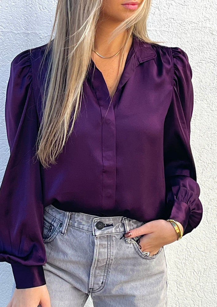 Frame silk blouse with puff sleeve in a gorgeous plum color at west2westport.com