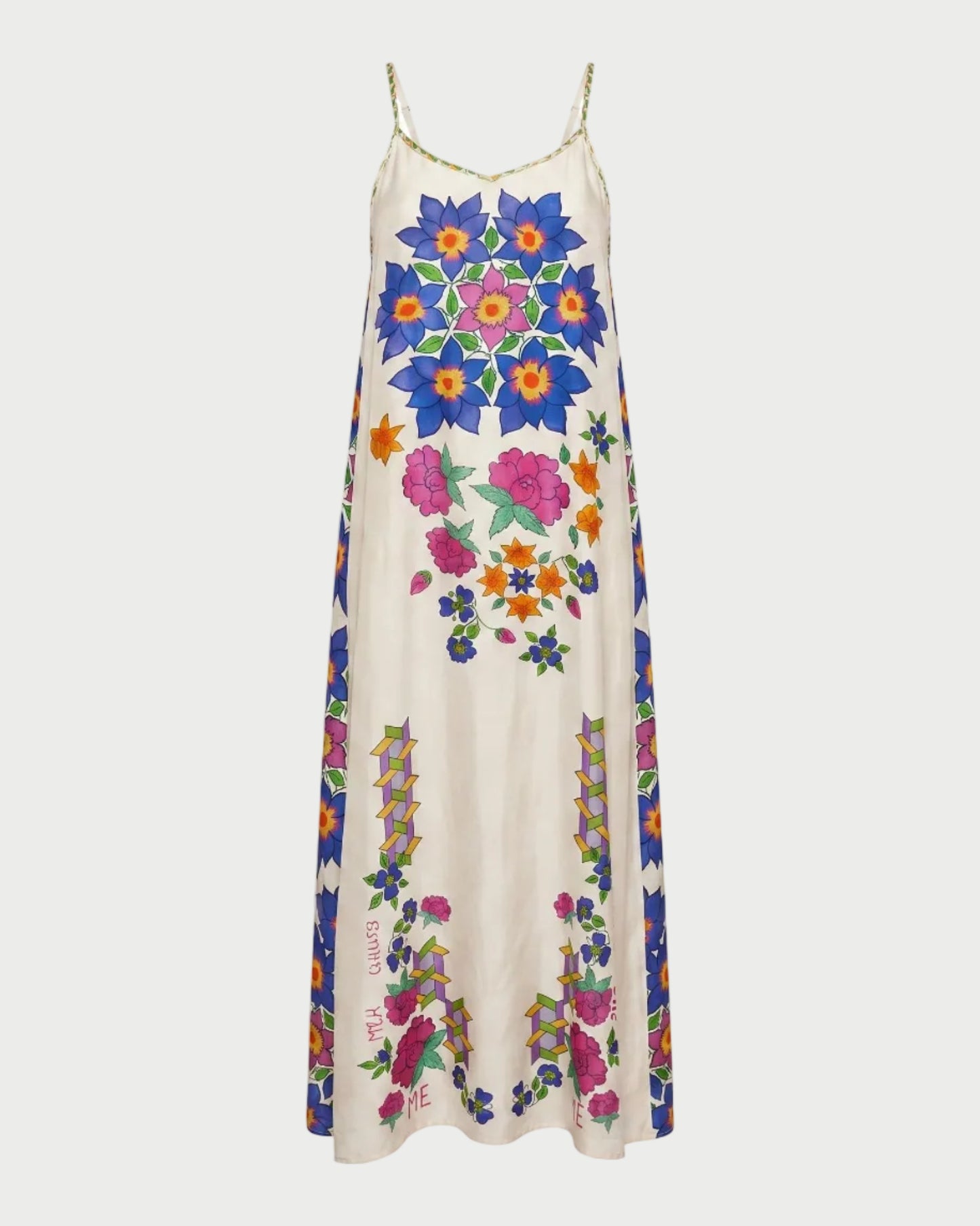 The ME369 Olivia Camisole Dress Markers is a long, sleeveless white dress with thin straps, made from 100% viscose and adorned with bold, colorful hand-drawn floral designs in blue, pink, orange, and green.