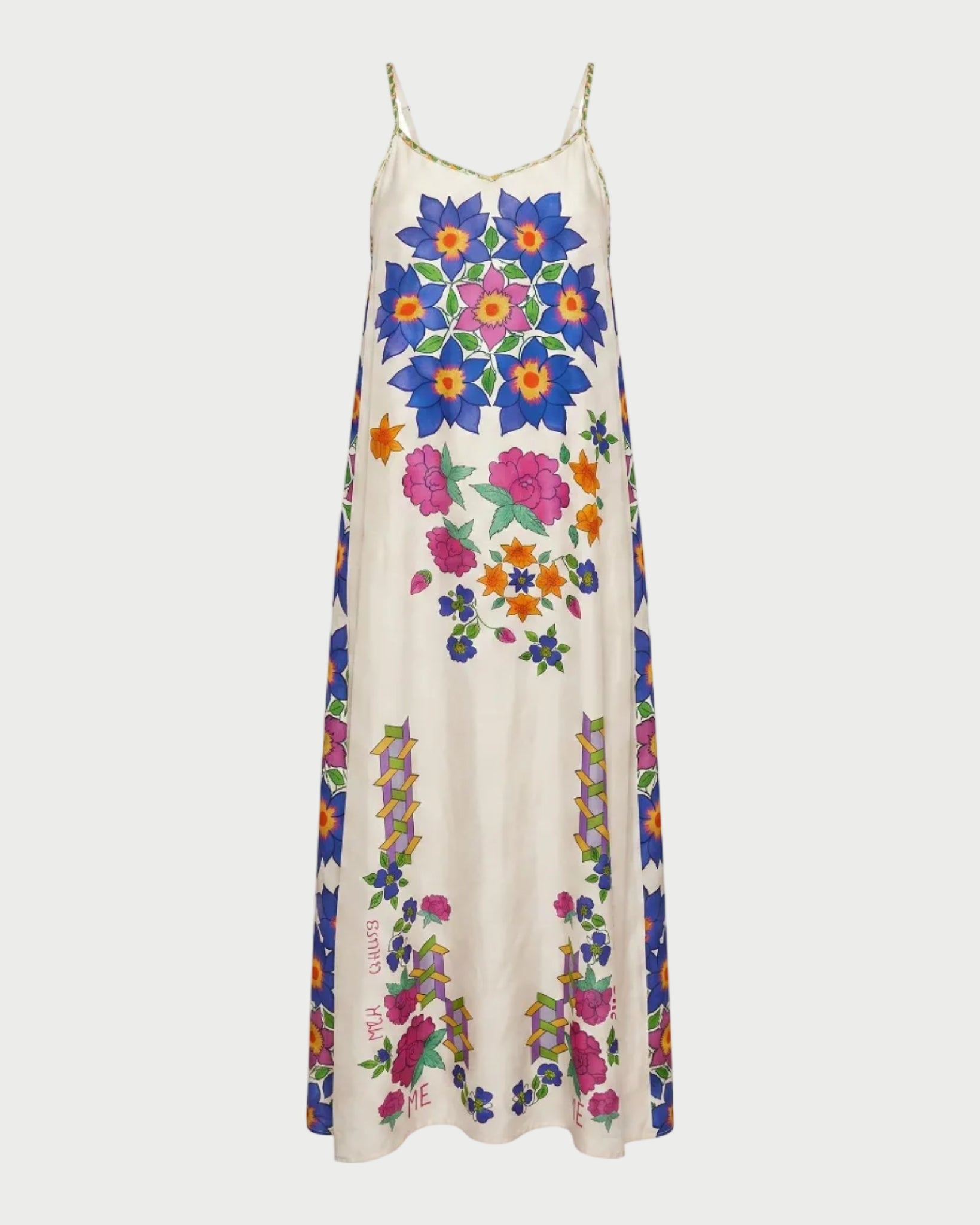 The ME369 Olivia Camisole Dress Markers is a long, sleeveless white dress with thin straps, made from 100% viscose and adorned with bold, colorful hand-drawn floral designs in blue, pink, orange, and green.