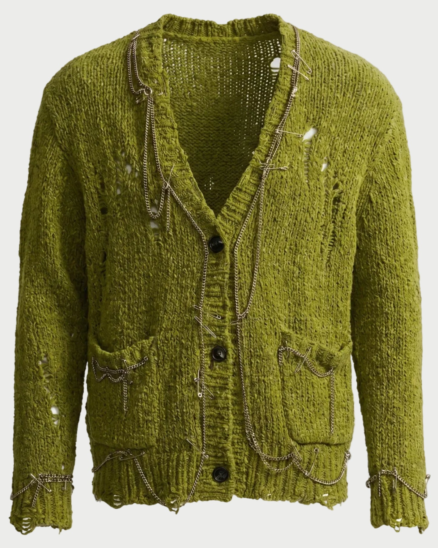 The R13 Boy Cardigan by R13 is an oversized, light green knit featuring a chunky design, distressed details with holes, black buttons, front pockets, and decorative silver chains.