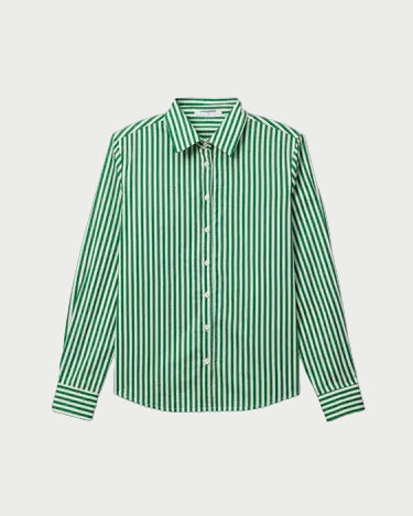 The Perfectwhitetee Gisele Button Down by perfectwhitetee is a green and white vertically striped, oversized cotton blend shirt with long sleeves and a collar, shown on a plain white background.
