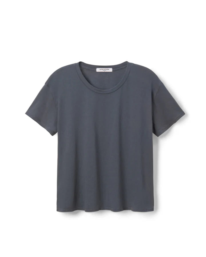 The Harley Boxy Crew Night by perfectwhitetee is a relaxed-fit, 100% cotton dark gray tee with a crew neckline and short sleeves, shown against a white background for effortless comfort.