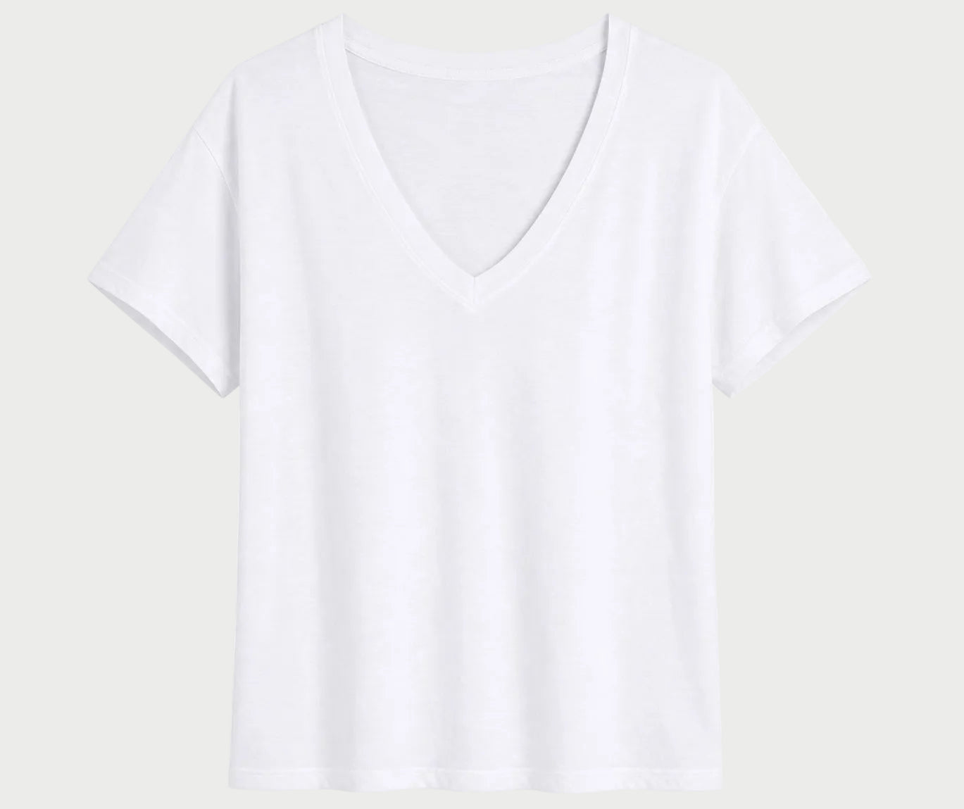 A white short-sleeve V-neck t-shirt displayed flat against a solid white background.