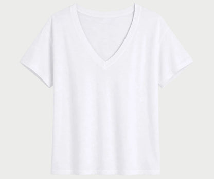 A white short-sleeve V-neck t-shirt displayed flat against a solid white background.