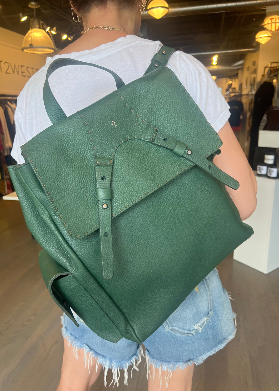rich green calfskin leather backpack at WEST in westport ct and on line at west2westport.com