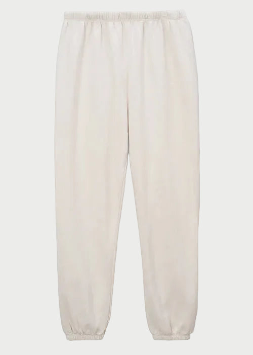 The Perfectwhitetee Johnny Sweatpant in Sugar by perfectwhitetee is crafted from soft French terry cotton with an elastic waistband and ankle cuffs, shown on a plain white background.