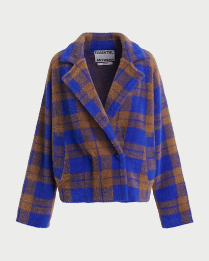 A blue and brown plaid fuzzy wrap jacket by Antwerp Designs, displayed against a plain white background.