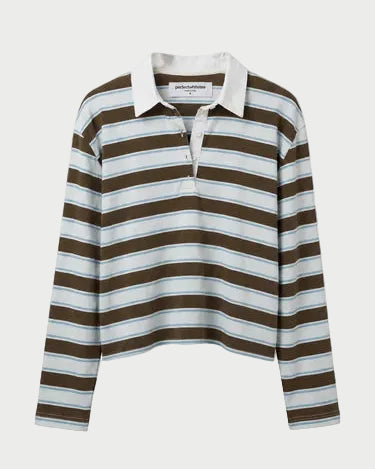 A long-sleeve polo shirt with horizontal stripes in brown, white, and light blue, featuring a white collar and a three-button placket.