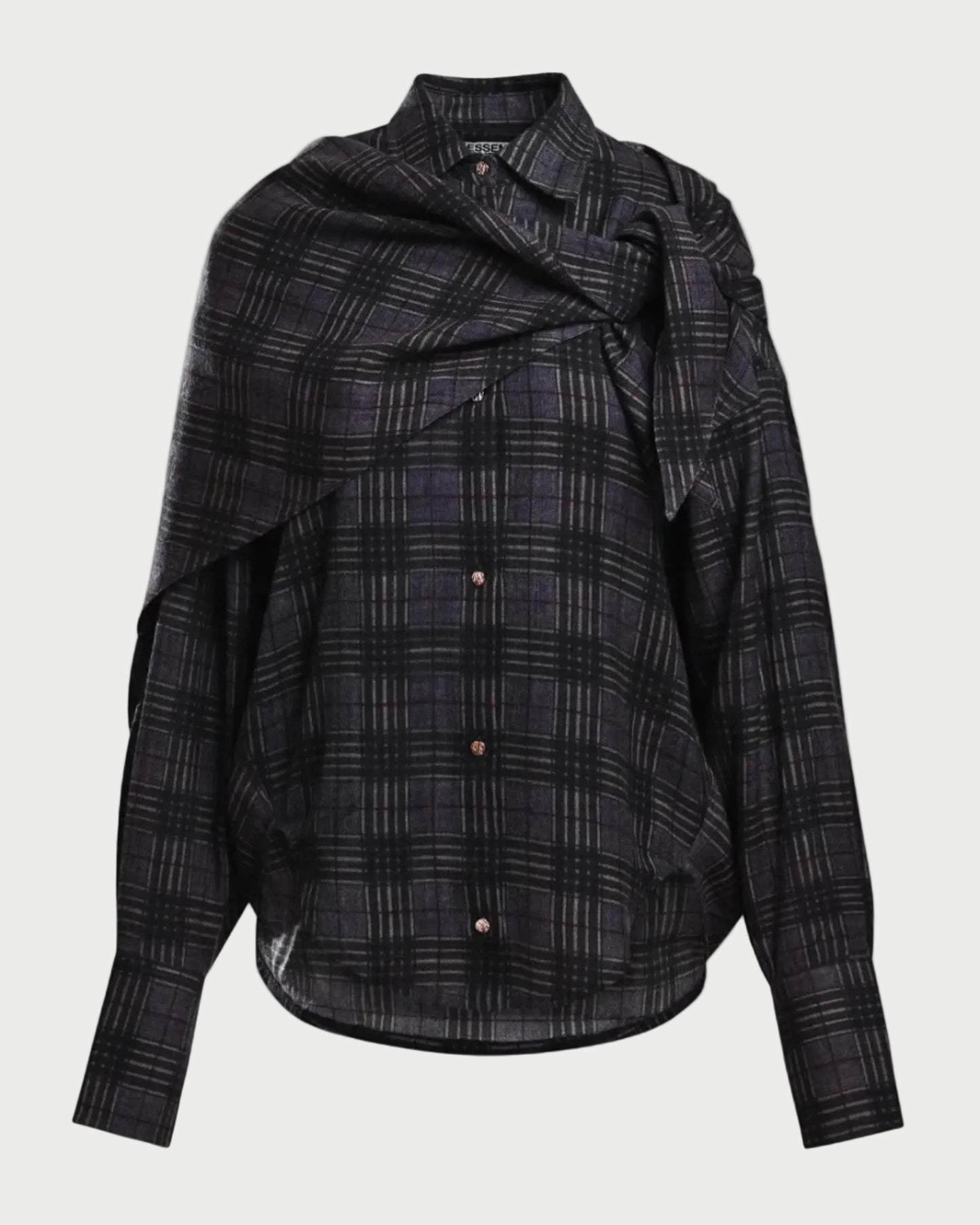 A dark plaid button-up shirt with a unique draped, asymmetrical collar design and long sleeves, shown against a light gray background.