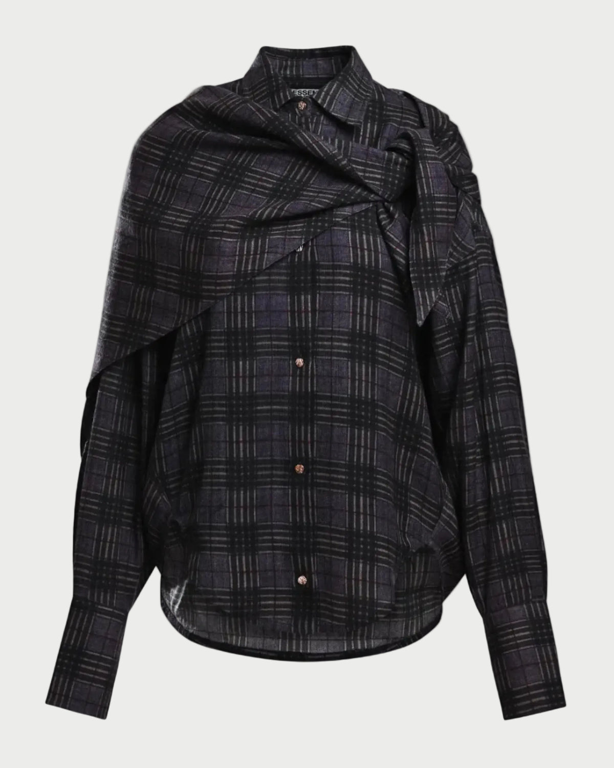 A dark plaid button-up shirt with a unique draped, asymmetrical collar design and long sleeves, shown against a light gray background.