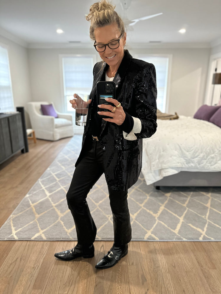
            
                Load image into Gallery viewer, wear that sequin blazer with leather pants for the utlimate cool look, says Westport CT boutique owner Kitt Shapiro
            
        