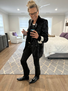 wear that sequin blazer with leather pants for the utlimate cool look, says Westport CT boutique owner Kitt Shapiro