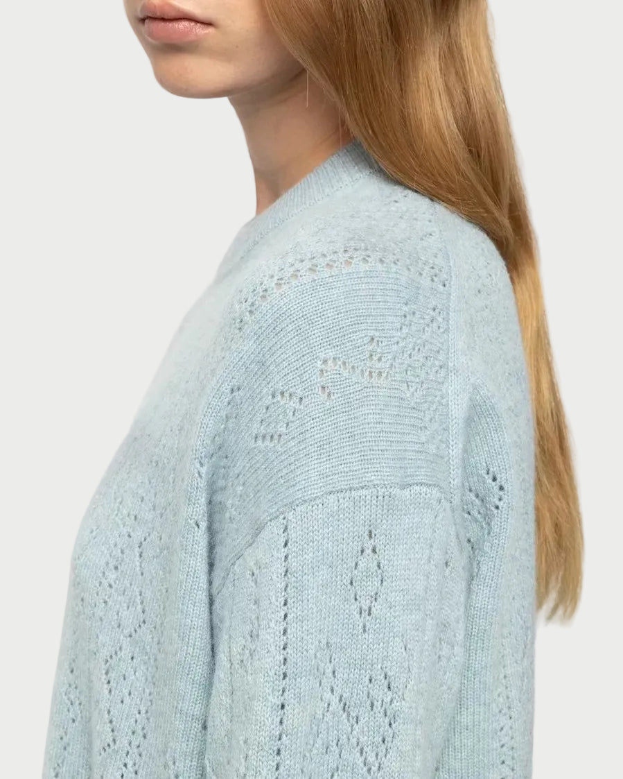 A woman with long light brown hair shown in profile wearing a light blue open-knit sweater against a plain light gray studio background.