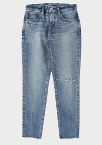 jeans with distressed hem and rip on left knee at west2westport.com