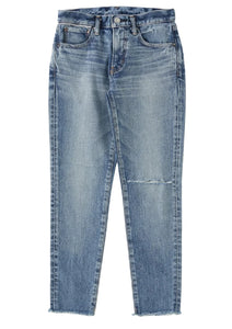 jeans with distressed hem and rip on left knee at west2westport.com