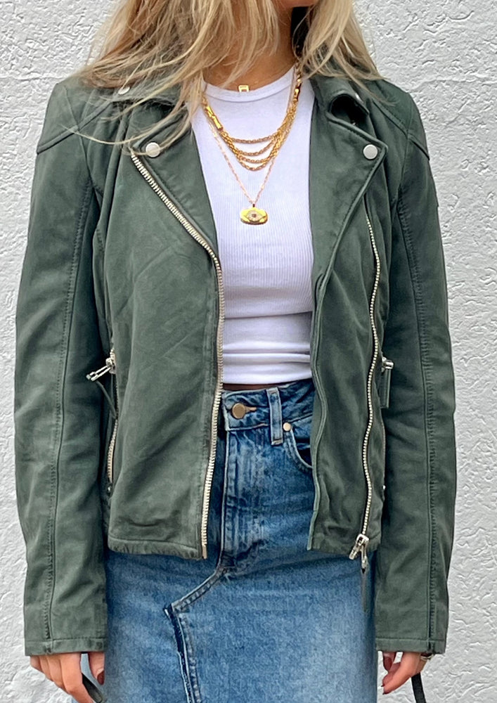 
            
                Load image into Gallery viewer, mauritius nubuck leather moto jacket in sage at west2westport.com
            
        