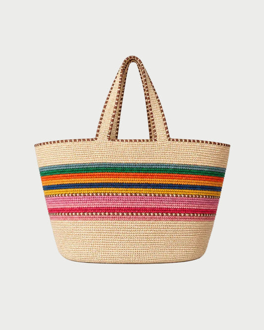 Woven bag with colorful stripes on a white background