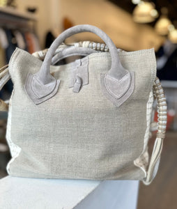 Linen and leather crossbody bag by Let & Her at west2westport.com