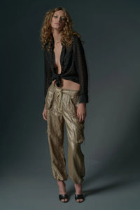 Le Superbe California model in their cool metallic cargo pants available at west2westport.com 