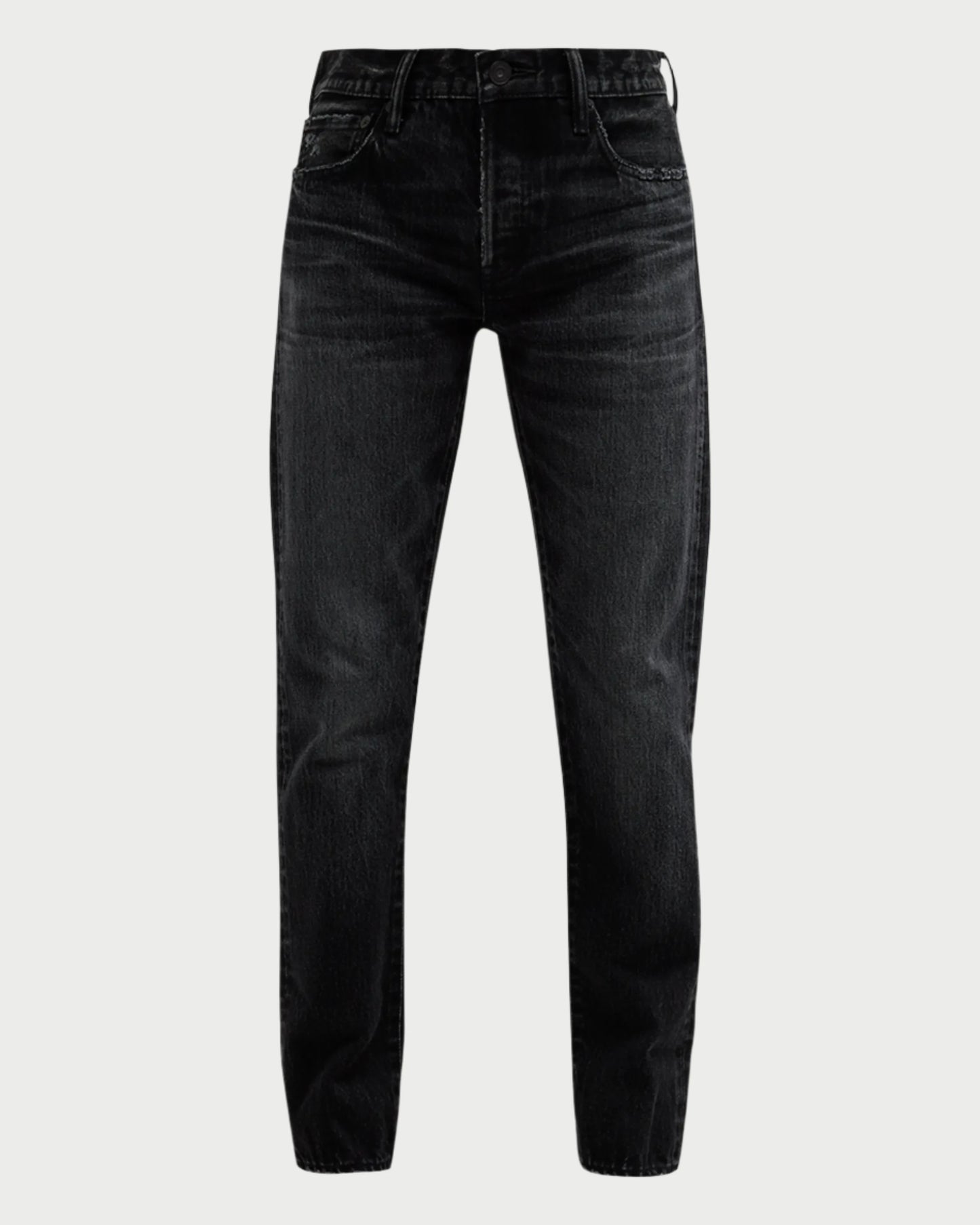 The Vellflower Jeans by Moussy are showcased against a plain white background. These black denim jeans feature a high-rise waist and straight-leg design, offering classic styling with front and back pockets, belt loops, and a button closure. The fabric includes a slight fade, enhancing its casual appeal.