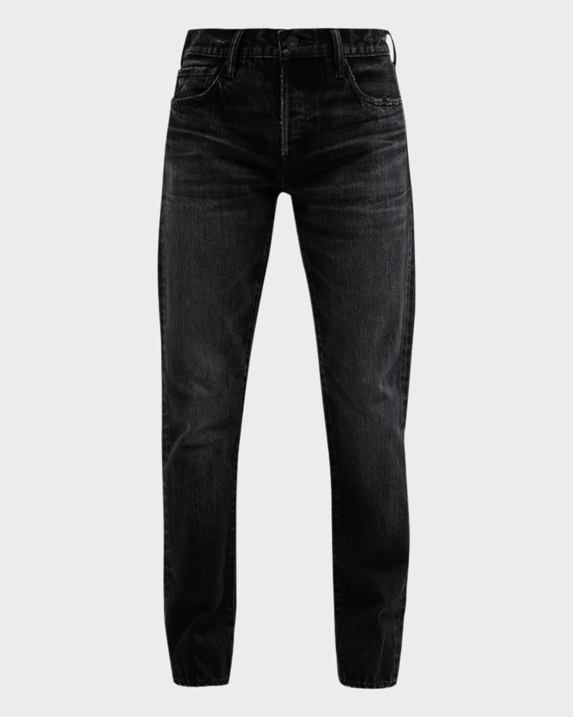 The Vellflower Jeans by Moussy are showcased against a plain white background. These black denim jeans feature a high-rise waist and straight-leg design, offering classic styling with front and back pockets, belt loops, and a button closure. The fabric includes a slight fade, enhancing its casual appeal.