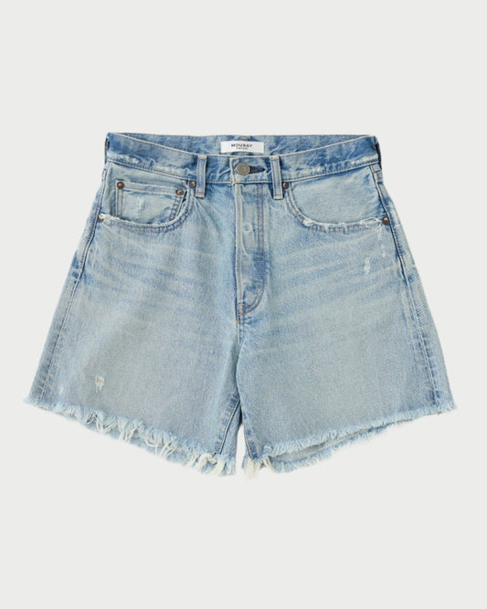 Perfect for summer, the Moussy Nolita Denim Shorts feature a light blue cotton denim, high waist, frayed hems, front and back pockets, and a button fly, shown flat on a white background.