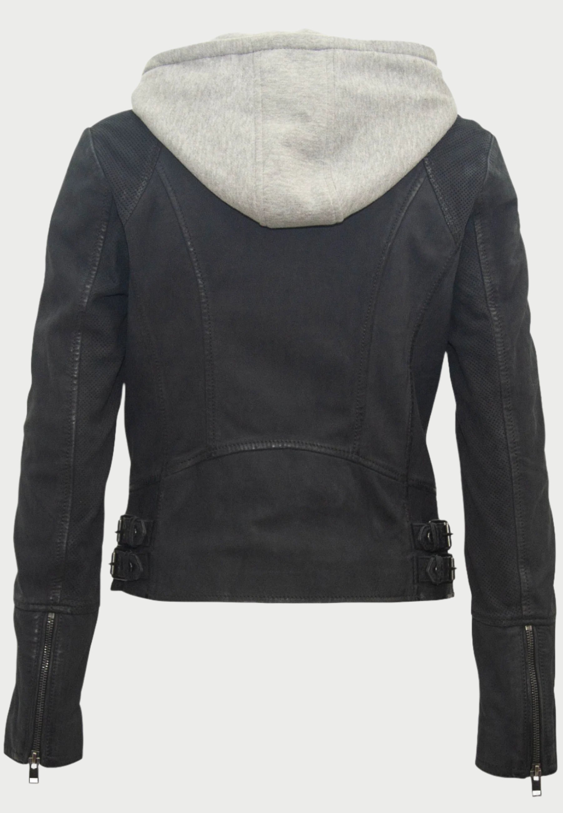 The Mauritius Soft Nubuck Leather Jacket features a back view of black nubuck leather with a removable gray hoodie, sleeve zippers, adjustable side buckles, and back stitching details. The hoodie provides a striking contrast to the supple leather.