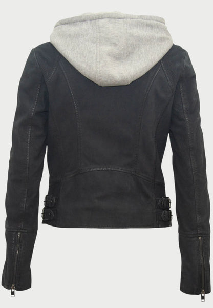 The Mauritius Soft Nubuck Leather Jacket features a back view of black nubuck leather with a removable gray hoodie, sleeve zippers, adjustable side buckles, and back stitching details. The hoodie provides a striking contrast to the supple leather.