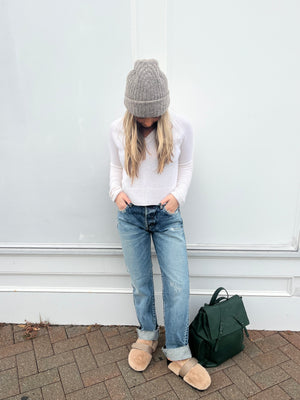 flannel colored beanie with one grey day polo sweater and moussy jeans at west2westport.com