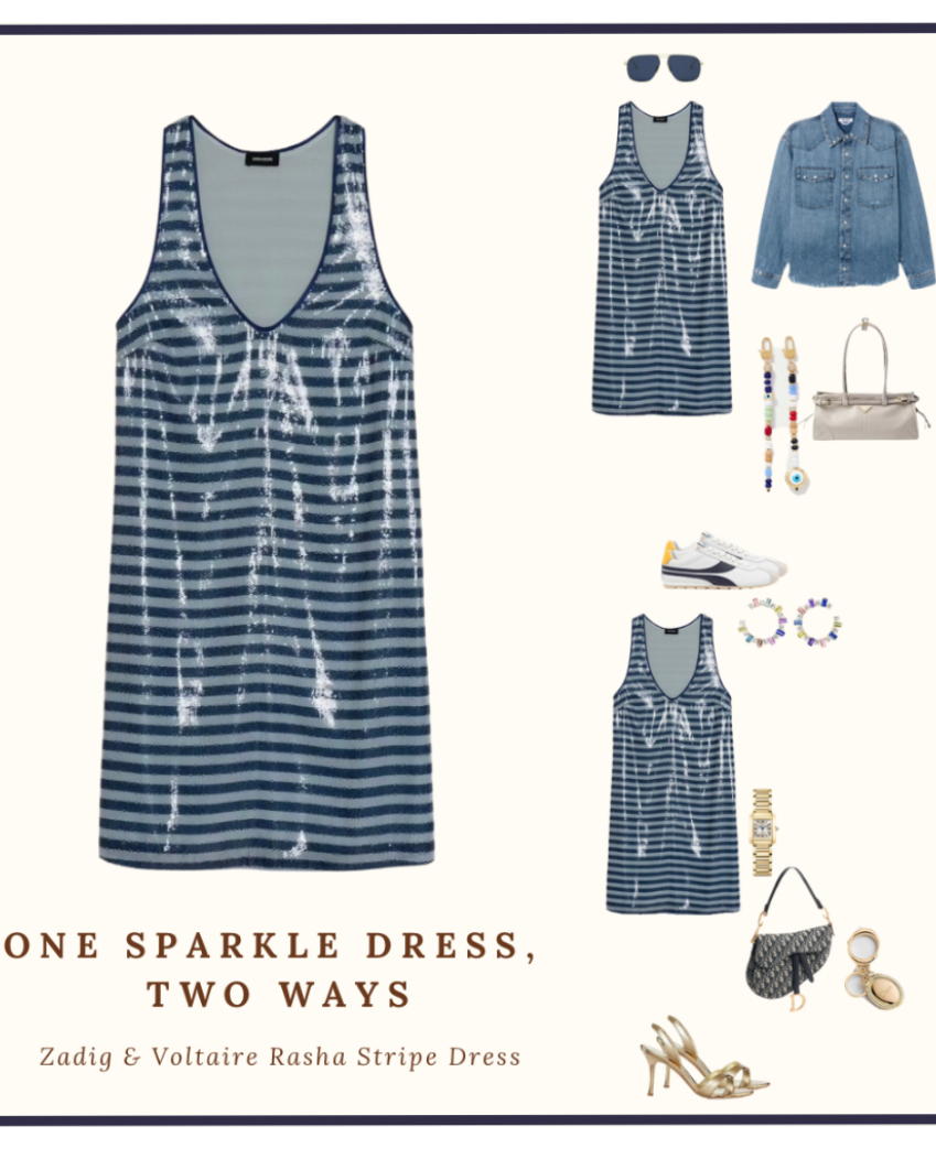 The Zadig & Voltaire Rasha Sequin Stripe Dress can be styled casually with sneakers, denim jacket, sunglasses, tote, and jewelry or dressed up with gold heels, a small purse, and hoop earrings.