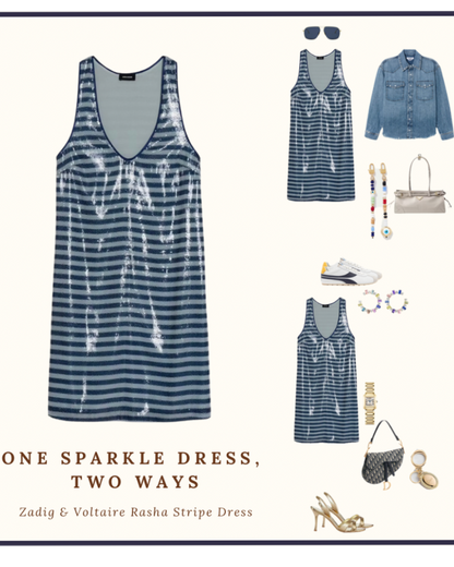 The Zadig & Voltaire Rasha Sequin Stripe Dress can be styled casually with sneakers, denim jacket, sunglasses, tote, and jewelry or dressed up with gold heels, a small purse, and hoop earrings.
