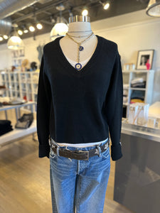 black cashmere v neck sweater and moussy jeans at west2westport.com