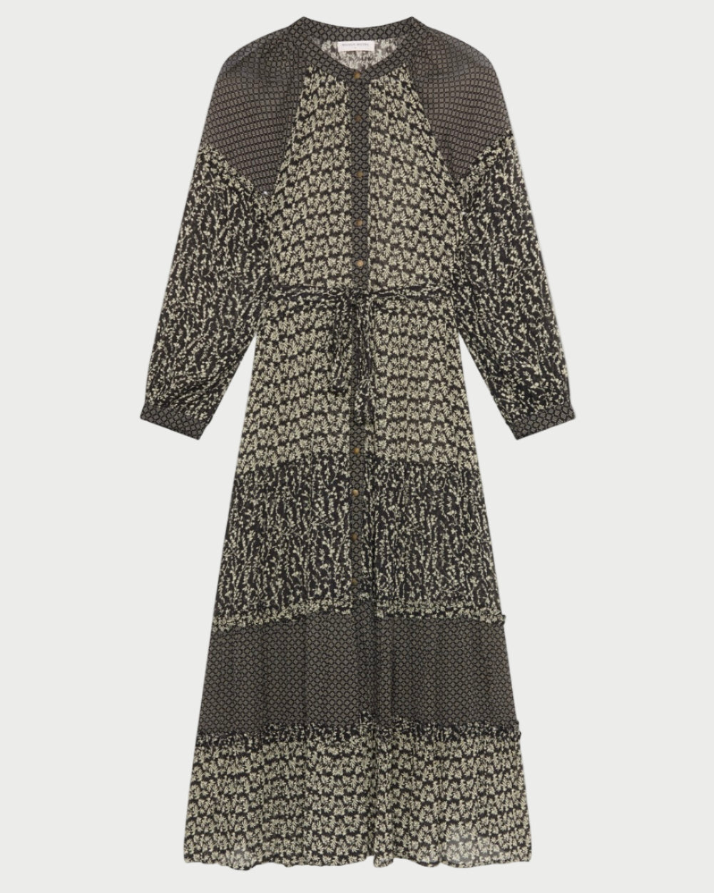 Long black and white patterned dress on a white background