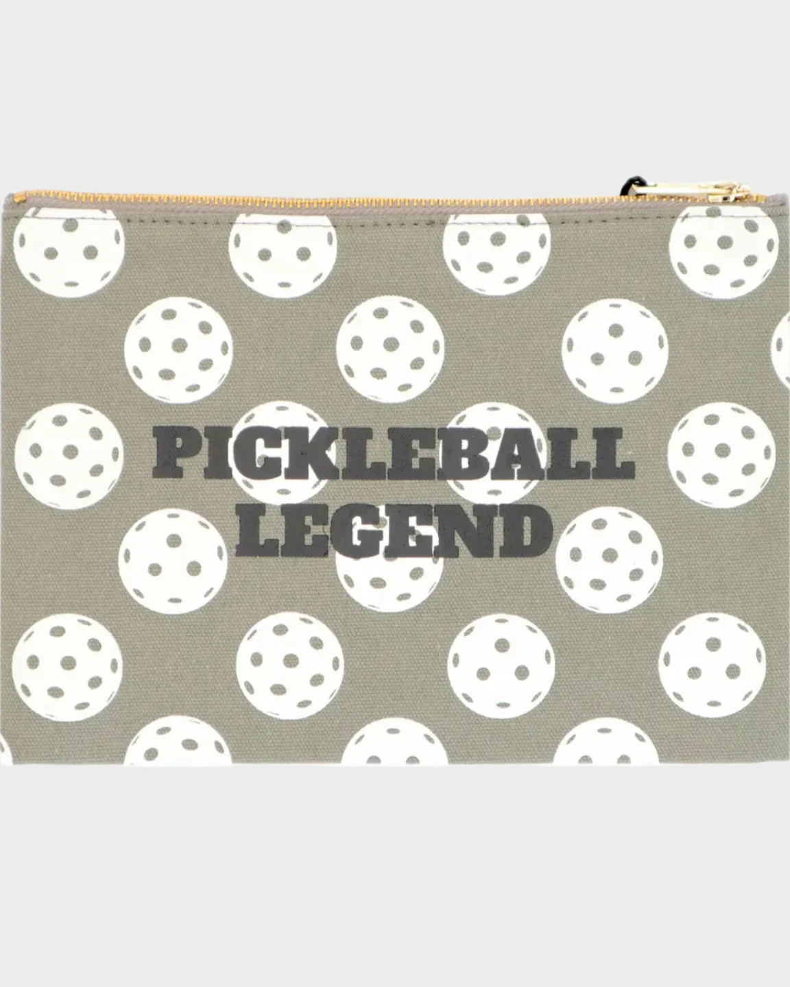 The Properly Improper Canvas Pouch is gray with a white pickleball pattern and "PICKLEBALL LEGEND" in bold black on the front, featuring a zippered closure, durable construction, and a sleek gold satin interior.