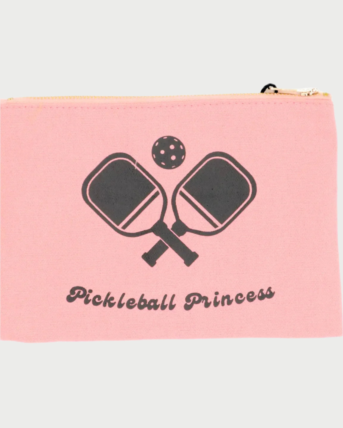 The Properly Improper Canvas Pouch is a durable pink zippered bag with crossed pickleball paddles, a ball, and "Pickleball Princess" in dark print, plus a luxe gold satin interior.