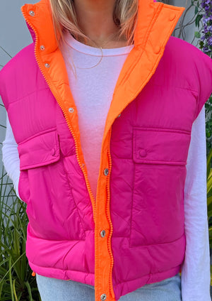 
            
                Load image into Gallery viewer, neon pink and orange reversible puffer vest by essentiel antwerp at west2westport.com
            
        