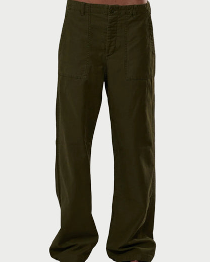 Olive green wide-leg pants on a gray background