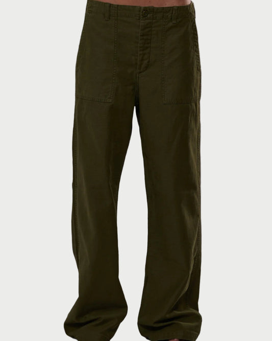 Olive green wide-leg pants on a gray background