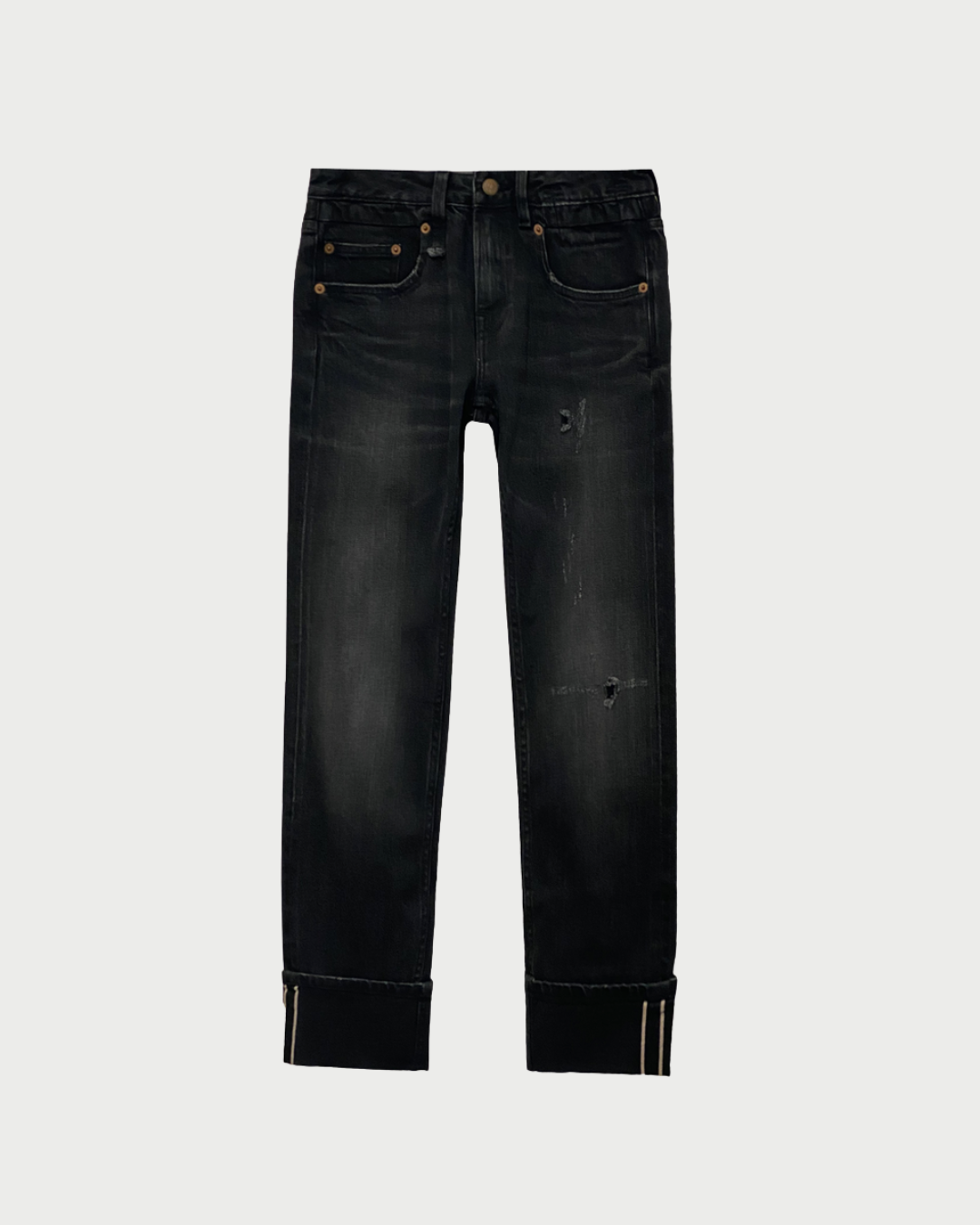 The R13 Cuffed Boy Straight jeans by R13 feature a black wash with a distressed, worn-in finish and rolled-up cuffs, shown against a plain white background.