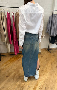 r13 long denim skirt with side slit and Fold Out white blouse at west2westport.com