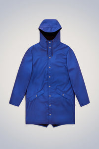 long waterproof jacket by Rains in the color Storm at west2westport.com