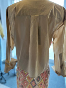 rear view of the khaki button down blouse at west2westport.com