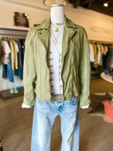 Load image into Gallery viewer, sage green leather jacket with moussy jeans and cotton striped sweater at west2westport.com