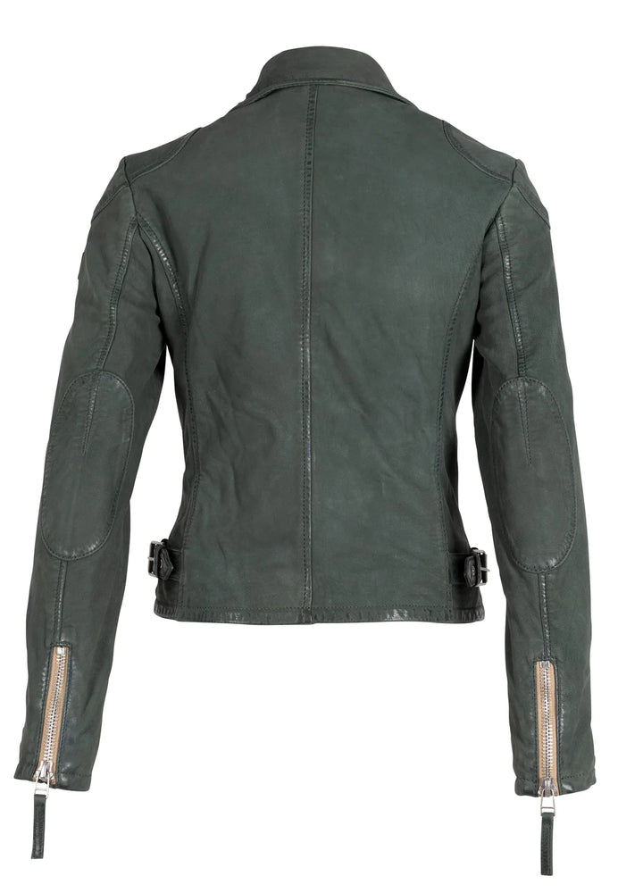 rear view of nubuck moto jacket in sage at west2westport.com