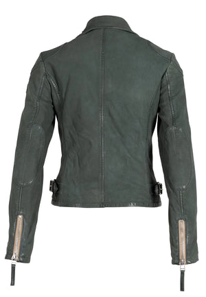 rear view of nubuck moto jacket in sage at west2westport.com