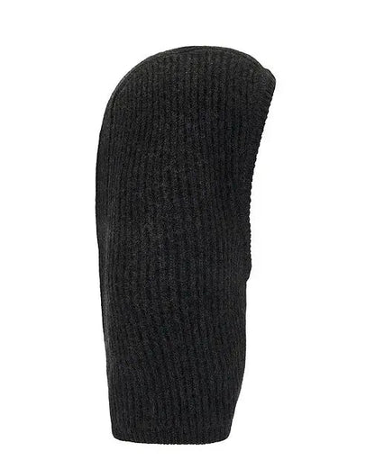 The Herskind Cashmere Balaclava by Herskind, shown upright from the side on a white background, is a black ribbed knit accessory—perfect for minimalist winter style.