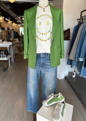redone smiley tee with r13 boyfriend jeans and smythe blazer at west2westport.com