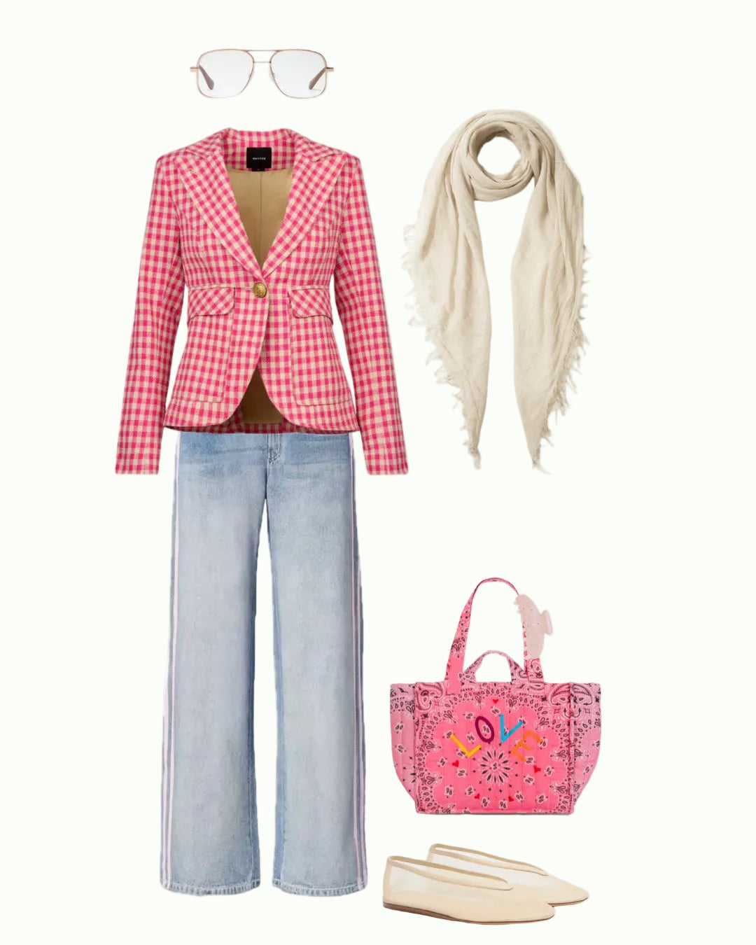 A flat lay outfit featuring gold-rimmed glasses, a cream scarf, Smythe Patch Pocket One Button Blazer in pink check, wide-leg light blue jeans, a pink graphic tote bag, and cream slip-on shoes.