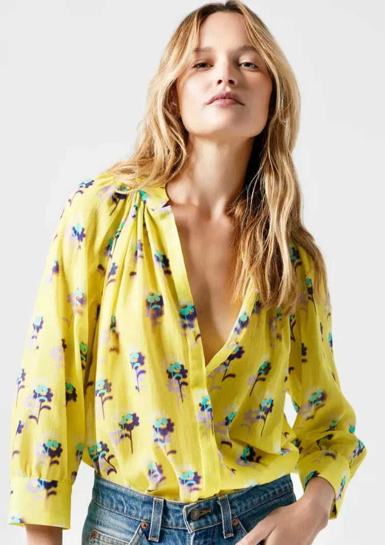 smythe yellow floral spring blouse at west2westport.com